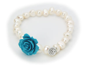 Powder Blue Ceramic Rose Fresh Water Pearl Stretch Bracelet in Sterling Silver - Presidential Brand (R)