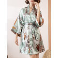 Women Vintage Style Print Long Sleeve Faux Silk Cozy Home Sleepwear Robes - Presidential Brand (R)