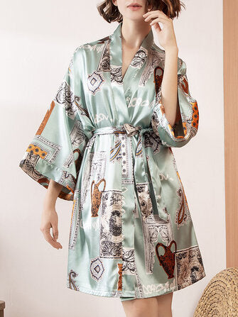 Women Vintage Style Print Long Sleeve Faux Silk Cozy Home Sleepwear Robes - Presidential Brand (R)