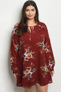 Women's Plus Size Wine Floral Long Sleeve Scoop Neck Floral Tunic Dress(6 pcs/ Bundle) - Presidential Brand (R)