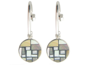 Vintage Button Mother of Pearl Hoop Earrings in 925 Sterling Silver by Fronay - Presidential Brand (R)