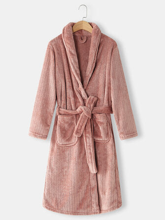 Robe Flannel Thick Solid Double Pocket Sashes Sleepwear - Presidential Brand (R)