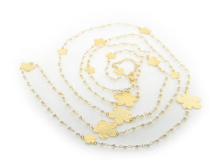 Hammered Golden Flowers and Freshwater Cultured Pearls Necklace, 62" Chain - Presidential Brand (R)