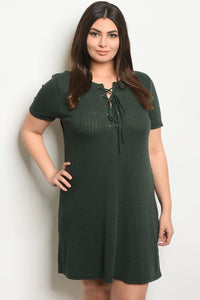 Women's Plus Size Olive Short Sleeve Lace Up Detail Ribbed Knit Tunic Dress(6 pcs/ Bundle) - Presidential Brand (R)