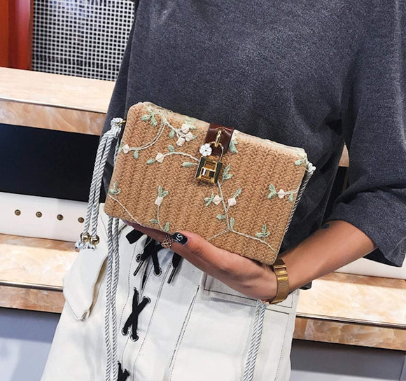 Floral Straw Box Clutch Shoulder Bag - Presidential Brand (R)