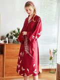 Red Long Sleeve Floral Bridal Silk Kimono Nightgown Robes - Presidential Brand (R)