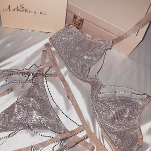 ArtSu 2019 Rhinestone Lingerie Set 3 Pieces Sexy Bra And Panty Set Sleeveless Backless Briefs Set Intimates Sparkling ASSU60406 - Presidential Brand (R)