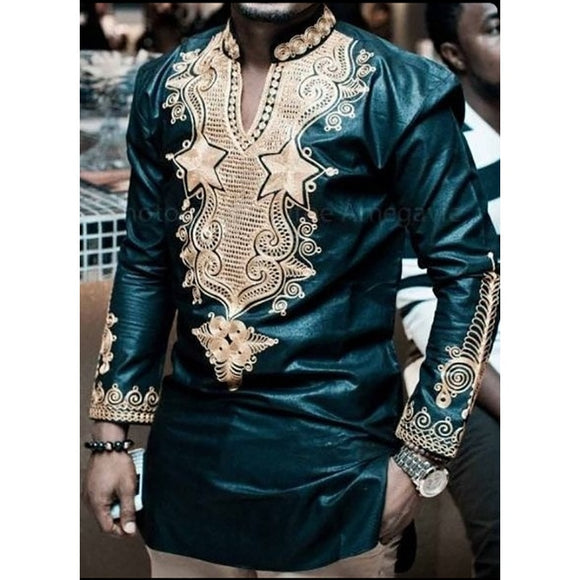 African Dashiki Long Sleeeve V Neck Traditional Maxi Top - Presidential Brand (R)