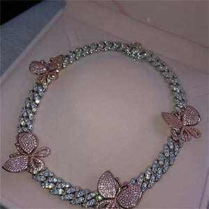 Pink Cuban Link Butterfly Choker Necklace Chain Crystal Rhinestone Chokers Necklaces for Women Gold Collar Wholesale - Presidential Brand (R)