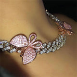 Pink Cuban Link Butterfly Choker Necklace Chain Crystal Rhinestone Chokers Necklaces for Women Gold Collar Wholesale - Presidential Brand (R)