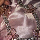 Pink Cuban Link Butterfly Choker Necklace Chain Crystal Rhinestone Chokers Necklaces for Women Gold Collar Wholesale - Presidential Brand (R)