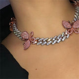 Pink Cuban Link Butterfly Choker Necklace Chain Crystal Rhinestone Chokers Necklaces for Women Gold Collar Wholesale - Presidential Brand (R)
