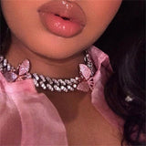 Pink Cuban Link Butterfly Choker Necklace Chain Crystal Rhinestone Chokers Necklaces for Women Gold Collar Wholesale - Presidential Brand (R)