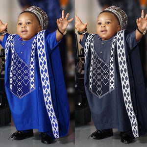H&D African Clothes For Kids Boys Short Sleeve T-shirt Embroidery Dashiki Robe Shirt Pant Set 3 PCS Agbada Suit Children Attire - Presidential Brand (R)