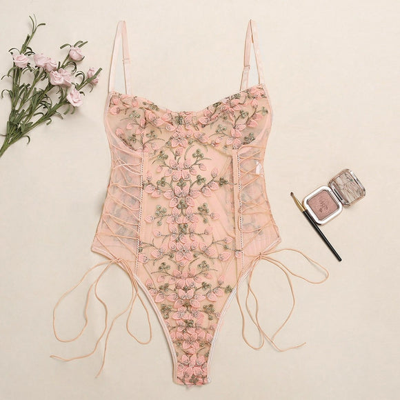 Embroidery Lace Women Teddy lingerie Sexy Underwear Erotic Corset Lace Mesh Sleepwear Nightwear Embroidered strap one-piece - Presidential Brand (R)