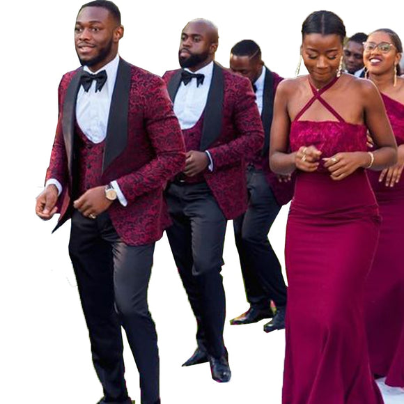 Burgundy Jacket 3 Pieces Men Suits Wedding Groom - Presidential Brand (R)