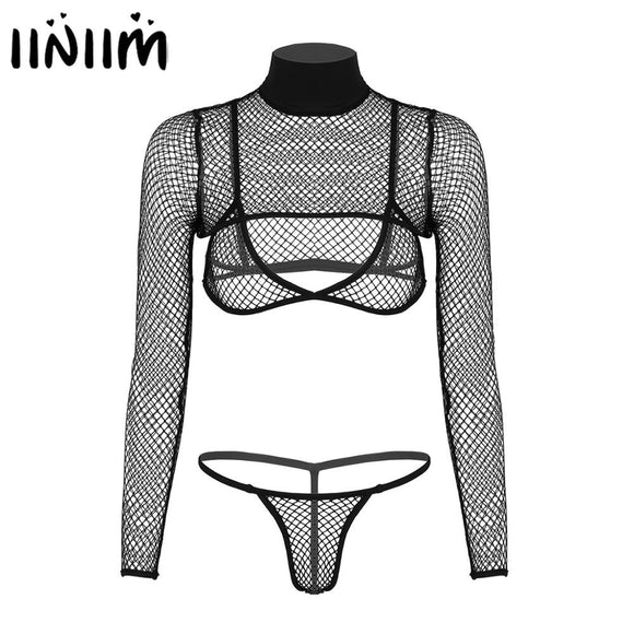 Womens See Through Fishnet Clubwear Lingerie Set Hollow Out Shrug T-shirt Crop Top with Triangle Bra and G-string Briefs - Presidential Brand (R)