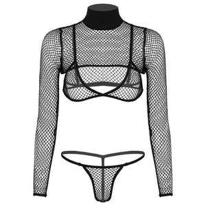 Womens See Through Fishnet Clubwear Lingerie Set Hollow Out Shrug T-shirt Crop Top with Triangle Bra and G-string Briefs - Presidential Brand (R)