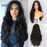 AISI BEAUTY Long Wavy Wig Natural Part Side Hair Ombre Synthetic Platinum Blonde Black Wigs Heat Resistant - Presidential Brand (R)