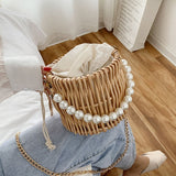 Beading Chain Straw Shoulder Bag Rattan Weave Travel Beach Crossbody Handbag - Presidential Brand (R)