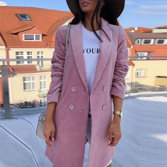 VICABO Candy Color Women Blazar Coats Lapel Full Sleeve Eleagnt Ladies Outwears Mid Long Double Breasted Oversize Mujer Chaqueta - Presidential Brand (R)