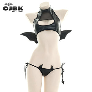 OJBK Sexy Bikini Lingerie Suit Patent-leather Devil Wing Open-chested Cosplay Costumes Underwear Uniform Seduction Pajamas 2020 - Presidential Brand (R)
