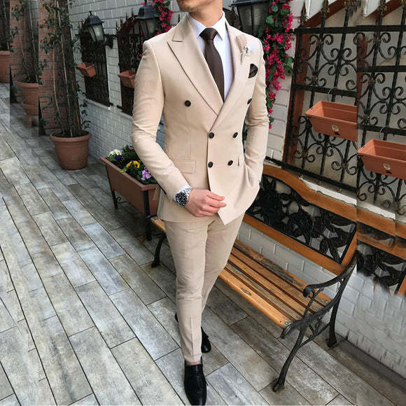 Beige  Suit 2 Pieces Double-Breasted Notch Lapel Flat Slim Fit Casual Tuxedos (Blazer Pants)