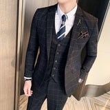 ( Jacket + Vest + Pants )  Plaid Casual Business Suit High-end Social Formal 3 Pcs Set