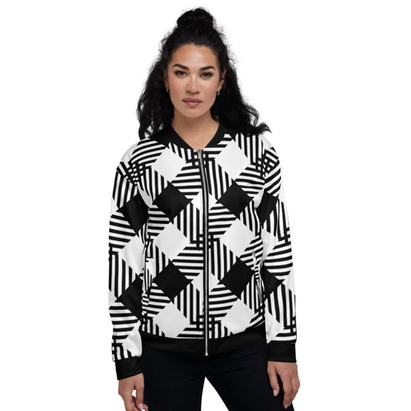Women's Jackets, Black and White Grid Print Bomber Jacket - Presidential Brand (R)